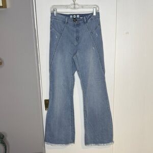 Byrewash SZ 11, wide legged flare, raw ankle hem, distressed, boho, Y2K jeans